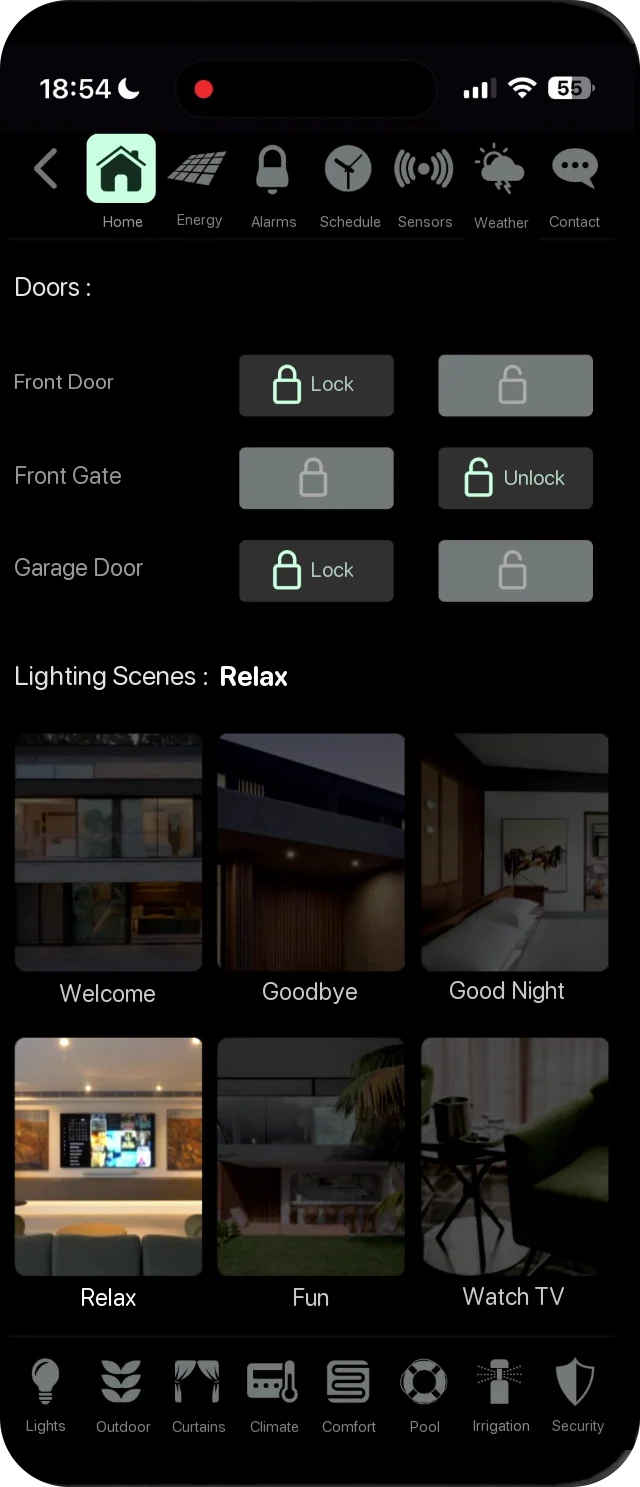 Smart home app on a phone: door locks and lighting scenes