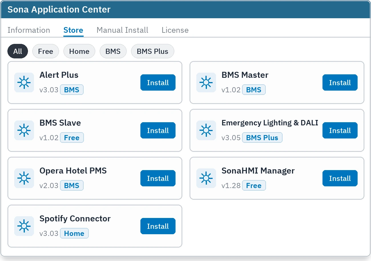 Application store screen: category filters and installable application cards